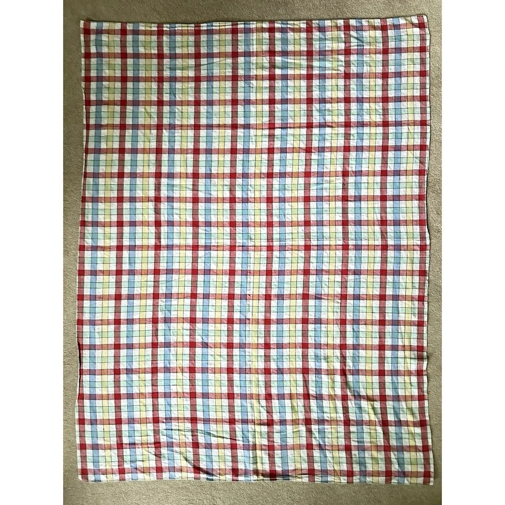 Vtg Soft TABLECLOTH 46x60 Red Yellow Blue Green Picnic Checkered Plaid EUC Slub
